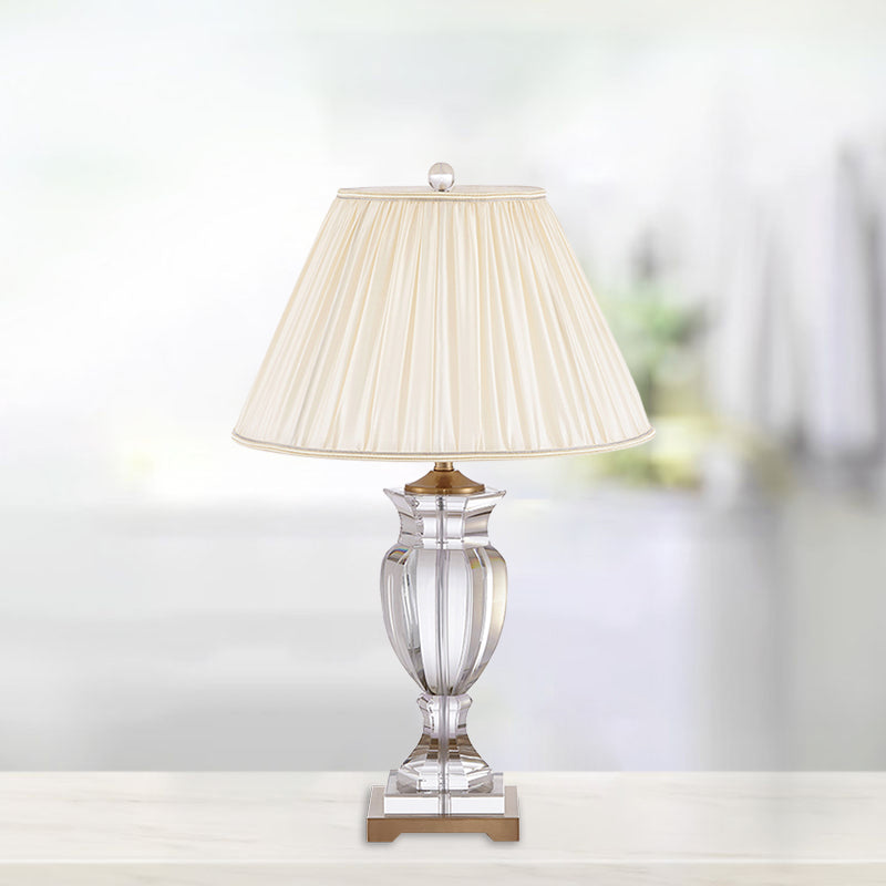 1 Bulb Night Stand Lighting with Tapered Shade Fabric Traditional Bedside Crystal Table Lamp in White Clear Clearhalo 'Lamps' 'Table Lamps' Lighting' 1503311