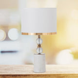 White 1 Head Crystal Table Light Traditional Fabric Cylinder Shade Night Stand Lamp with Marble Base White Clearhalo 'Lamps' 'Table Lamps' Lighting' 1503315