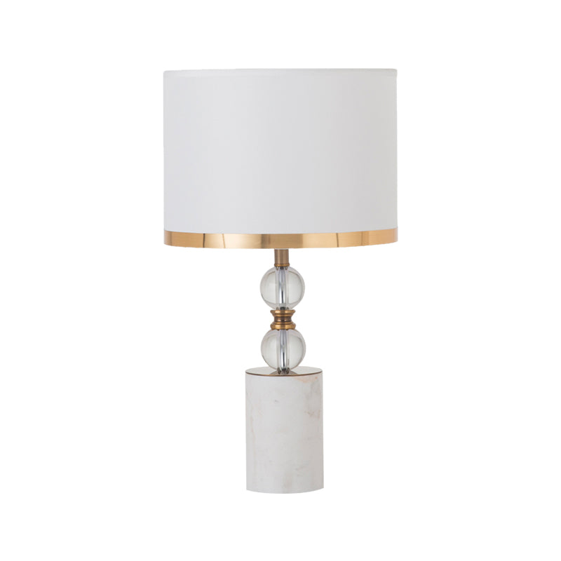 White 1 Head Crystal Table Light Traditional Fabric Cylinder Shade Night Stand Lamp with Marble Base Clearhalo 'Lamps' 'Table Lamps' Lighting' 1503317