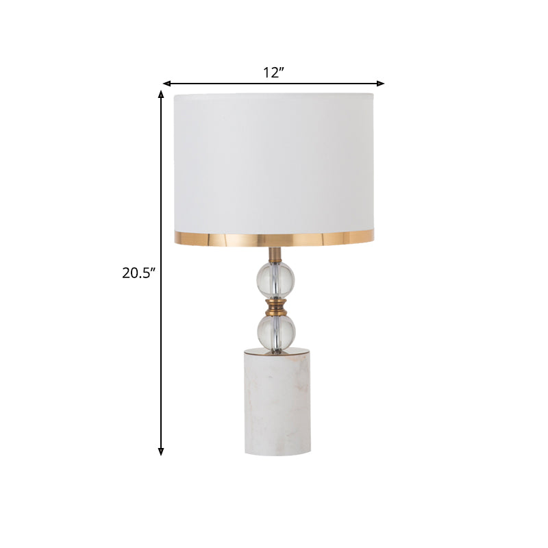 White 1 Head Crystal Table Light Traditional Fabric Cylinder Shade Night Stand Lamp with Marble Base Clearhalo 'Lamps' 'Table Lamps' Lighting' 1503318
