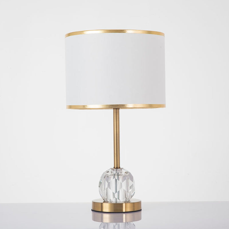 1 Light Drum Shade Table Light Traditional Fabric Night Stand Lamp in Gold with Orb Bevel Cut Crystal Decor Gold Clearhalo 'Lamps' 'Table Lamps' Lighting' 1503349