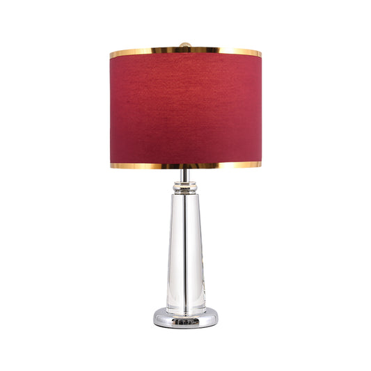 Burgundy Circular Nightstand Lamp Traditional Fabric Shade 1 Bulb Bedchamber Table Light with Crystal Lamp-Post Clearhalo 'Lamps' 'Table Lamps' Lighting' 1503359