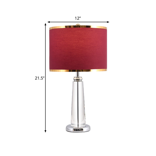Burgundy Circular Nightstand Lamp Traditional Fabric Shade 1 Bulb Bedchamber Table Light with Crystal Lamp-Post Clearhalo 'Lamps' 'Table Lamps' Lighting' 1503360