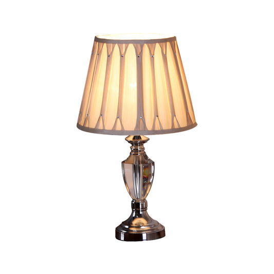 1 Head Barrel Shade Table Light Traditional Beige Pleated Fabric Nightstand Lamp in Chrome with Clear Crystal Base Clearhalo 'Lamps' 'Table Lamps' Lighting' 1503375