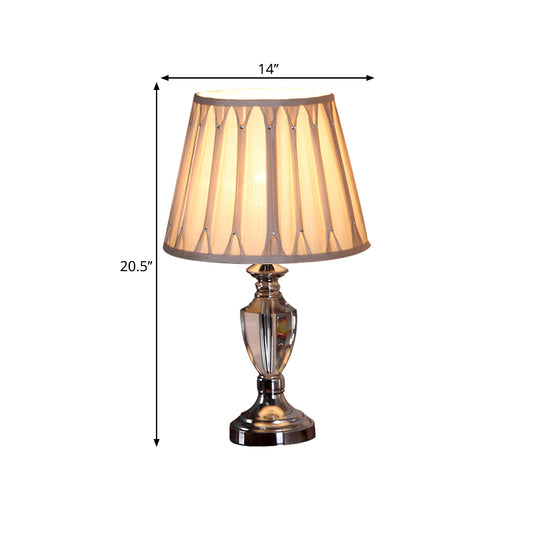 1 Head Barrel Shade Table Light Traditional Beige Pleated Fabric Nightstand Lamp in Chrome with Clear Crystal Base Clearhalo 'Lamps' 'Table Lamps' Lighting' 1503376