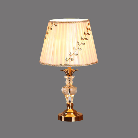Leaf-and-Vine Patterned Shade Bedroom Table Light Traditional Fabric 1 Bulb White Crystal Night Stand Lamp Clearhalo 'Lamps' 'Table Lamps' Lighting' 1503383