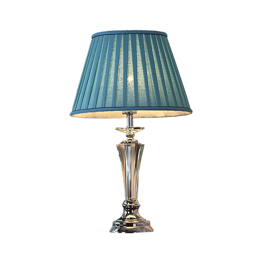 Fabric Blue/White Nightstand Lamp Pleated/Scalloped Shade 1 Head Traditional Crystal Table Light for Bedchamber Clearhalo 'Lamps' 'Table Lamps' Lighting' 1503387