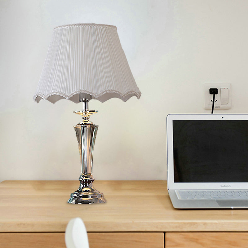 Fabric Blue/White Nightstand Lamp Pleated/Scalloped Shade 1 Head Traditional Crystal Table Light for Bedchamber White Clearhalo 'Lamps' 'Table Lamps' Lighting' 1503389