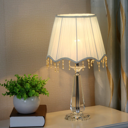 Red/Blue/Green/Beige Scalloped Shade Nightstand Lamp Traditional Fabric 1 Head Sleeping Room Crystal Table Light Green Clearhalo 'Lamps' 'Table Lamps' Lighting' 1503412