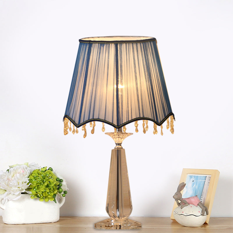 Red/Blue/Green/Beige Scalloped Shade Nightstand Lamp Traditional Fabric 1 Head Sleeping Room Crystal Table Light Blue Clearhalo 'Lamps' 'Table Lamps' Lighting' 1503420