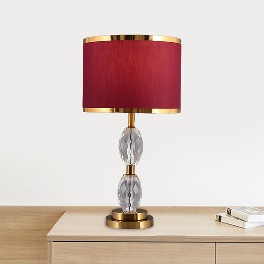 1 Head Crystal Table Light with Drum Shade Fabric Traditional Drawing Room Nightstand Lamp in Red/Beige Red Clearhalo 'Lamps' 'Table Lamps' Lighting' 1503442