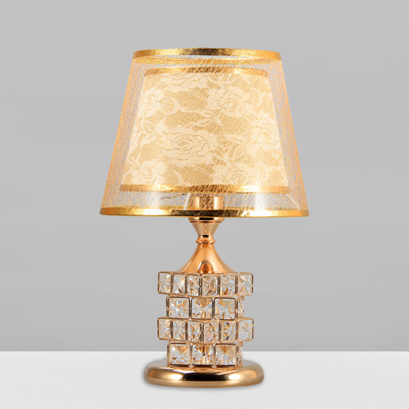 Gold/Silver Floral-Patterned Inner Shade Table Light Traditional Fabric 1 Head Bedchamber Nightstand Lamp with Crystal Blocks Embedded Clearhalo 'Lamps' 'Table Lamps' Lighting' 1503451