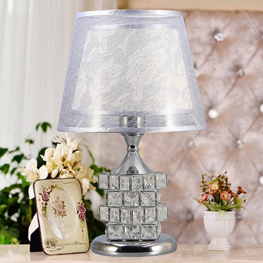 Gold/Silver Floral-Patterned Inner Shade Table Light Traditional Fabric 1 Head Bedchamber Nightstand Lamp with Crystal Blocks Embedded Silver Clearhalo 'Lamps' 'Table Lamps' Lighting' 1503454