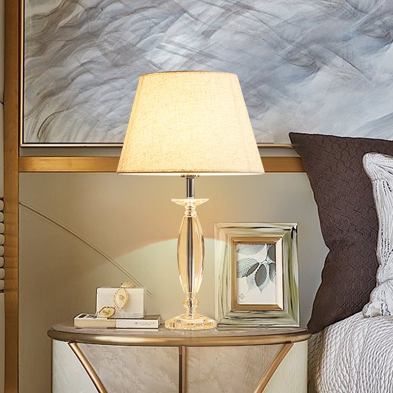 1-Head Fabric Shade Table Light Traditional White/Flaxen/Coffee Tapered Study Room Nightstand Lamp with Crystal Base Clearhalo 'Lamps' 'Table Lamps' Lighting' 1503495