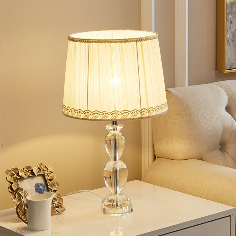 Beige Barrel Table Light Traditional Pleated Fabric 1-Bulb Drawing Room Crystal Nightstand Lamp Clearhalo 'Lamps' 'Table Lamps' Lighting' 1503499