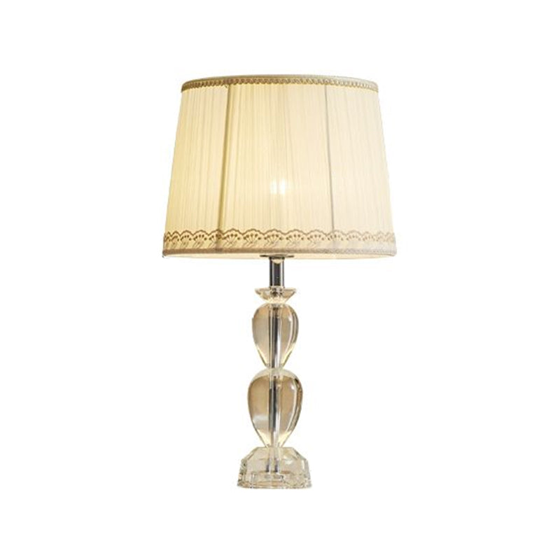 Beige Barrel Table Light Traditional Pleated Fabric 1-Bulb Drawing Room Crystal Nightstand Lamp Clearhalo 'Lamps' 'Table Lamps' Lighting' 1503500