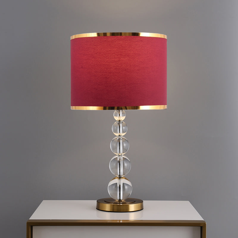 1-Head Drum Shade Nightstand Lamp Traditional Burgundy/Beige Fabric Table Light with Spherical Crystal Post Clearhalo 'Lamps' 'Table Lamps' Lighting' 1503516