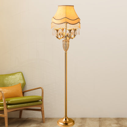 1-Head Candelabra Stand up Lamp Traditional Gold Crystal Spears Floor Reading Lamp with Beige Fabric Shade Gold Clearhalo 'Floor Lamps' 'Lamps' Lighting' 1503539