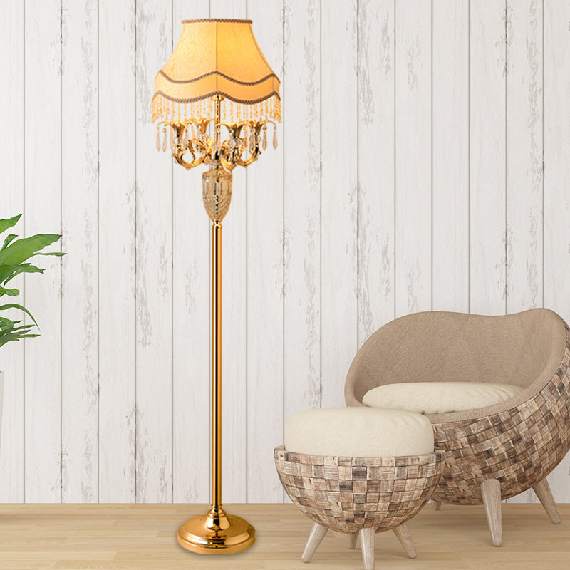1-Head Candelabra Stand up Lamp Traditional Gold Crystal Spears Floor Reading Lamp with Beige Fabric Shade Clearhalo 'Floor Lamps' 'Lamps' Lighting' 1503540