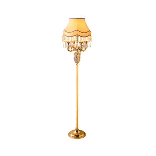 1-Head Candelabra Stand up Lamp Traditional Gold Crystal Spears Floor Reading Lamp with Beige Fabric Shade Clearhalo 'Floor Lamps' 'Lamps' Lighting' 1503541