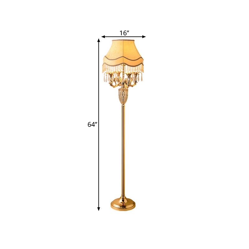 1-Head Candelabra Stand up Lamp Traditional Gold Crystal Spears Floor Reading Lamp with Beige Fabric Shade Clearhalo 'Floor Lamps' 'Lamps' Lighting' 1503542