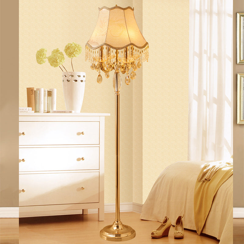 Gold Candlestick Floor Light Traditional Crystal Droplets 4 Bulbs Living Room Standing Floor Lamp with Scalloped Trim Shade Gold Clearhalo 'Floor Lamps' 'Lamps' Lighting' 1503543