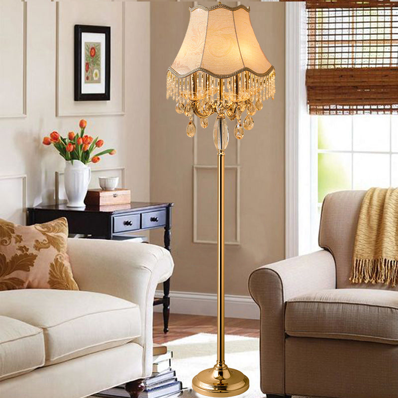 Gold Candlestick Floor Light Traditional Crystal Droplets 4 Bulbs Living Room Standing Floor Lamp with Scalloped Trim Shade Clearhalo 'Floor Lamps' 'Lamps' Lighting' 1503544