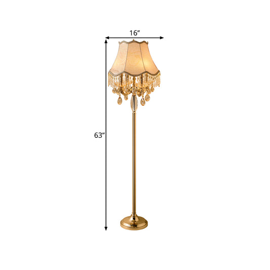 Gold Candlestick Floor Light Traditional Crystal Droplets 4 Bulbs Living Room Standing Floor Lamp with Scalloped Trim Shade Clearhalo 'Floor Lamps' 'Lamps' Lighting' 1503546
