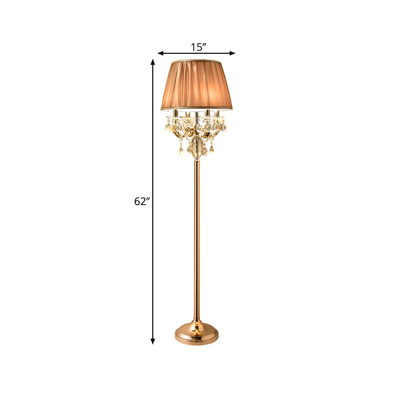 Traditional Candle Standing Lamp 4 Heads Crystal Raindrops Floor Light in Gold with Coffee Pleated Shade Clearhalo 'Floor Lamps' 'Lamps' Lighting' 1503550