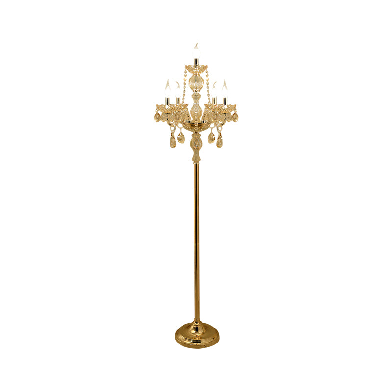 Candlestick Parlor Floor Reading Lamp Traditional Clear Crystal 5/6 Bulbs Gold Standing Light with White Shade Clearhalo 'Floor Lamps' 'Lamps' Lighting' 1503553