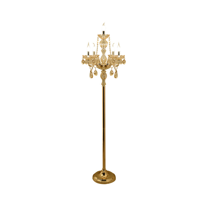 Candlestick Parlor Floor Reading Lamp Traditional Clear Crystal 5/6 Bulbs Gold Standing Light with White Shade Clearhalo 'Floor Lamps' 'Lamps' Lighting' 1503553