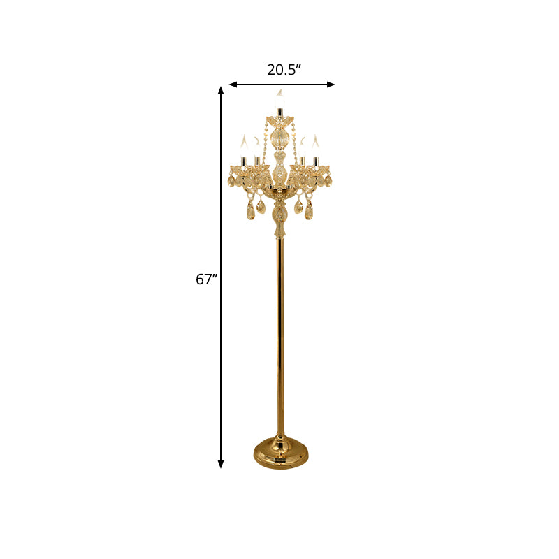 Candlestick Parlor Floor Reading Lamp Traditional Clear Crystal 5/6 Bulbs Gold Standing Light with White Shade Clearhalo 'Floor Lamps' 'Lamps' Lighting' 1503554