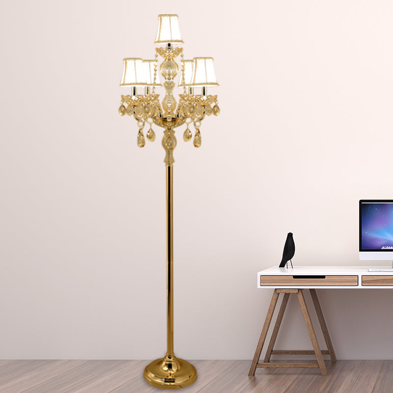 Candlestick Parlor Floor Reading Lamp Traditional Clear Crystal 5/6 Bulbs Gold Standing Light with White Shade Clearhalo 'Floor Lamps' 'Lamps' Lighting' 1503556