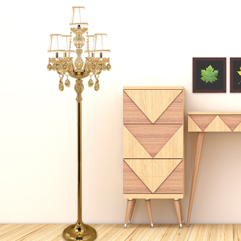 Candlestick Parlor Floor Reading Lamp Traditional Clear Crystal 5/6 Bulbs Gold Standing Light with White Shade Clearhalo 'Floor Lamps' 'Lamps' Lighting' 1503557