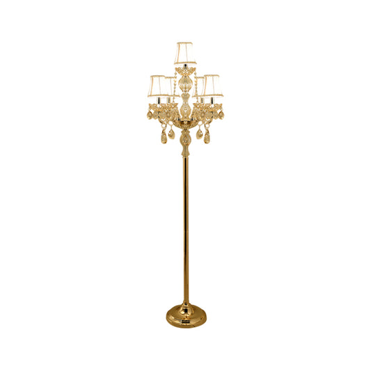 Candlestick Parlor Floor Reading Lamp Traditional Clear Crystal 5/6 Bulbs Gold Standing Light with White Shade Clearhalo 'Floor Lamps' 'Lamps' Lighting' 1503558