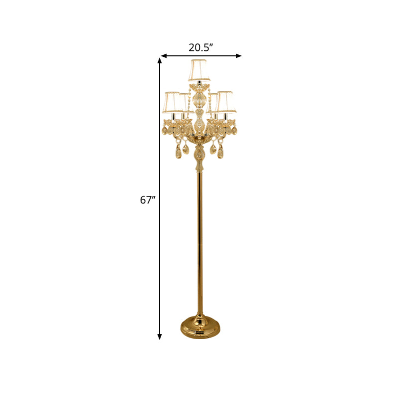 Candlestick Parlor Floor Reading Lamp Traditional Clear Crystal 5/6 Bulbs Gold Standing Light with White Shade Clearhalo 'Floor Lamps' 'Lamps' Lighting' 1503559