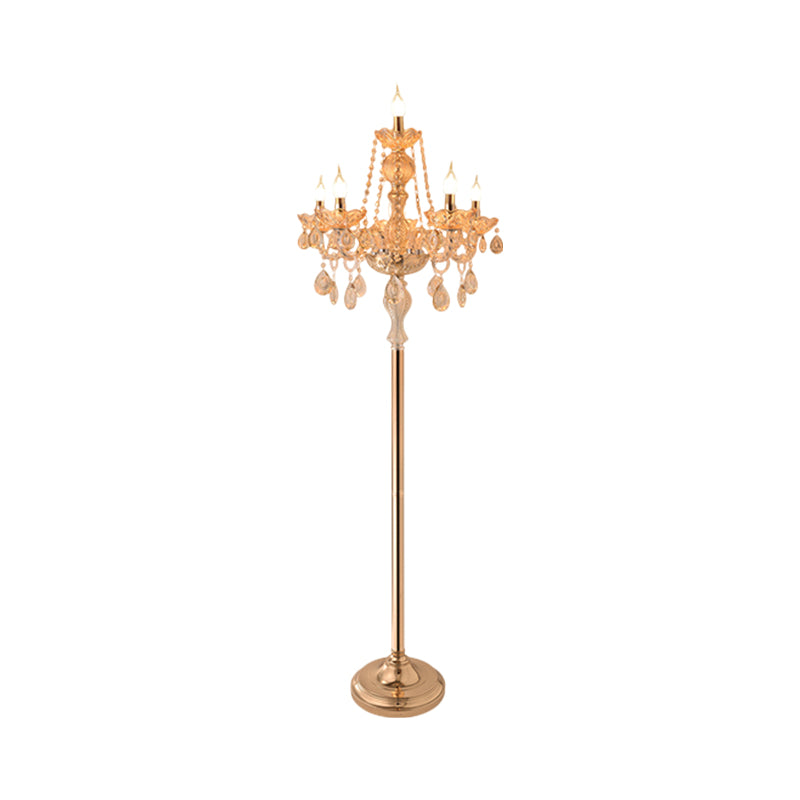 Candlestick Parlor Floor Reading Lamp Traditional Clear Crystal 5/6 Bulbs Gold Standing Light with White Shade Clearhalo 'Floor Lamps' 'Lamps' Lighting' 1503563