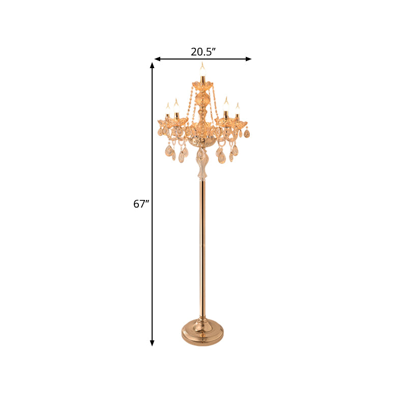 Candlestick Parlor Floor Reading Lamp Traditional Clear Crystal 5/6 Bulbs Gold Standing Light with White Shade Clearhalo 'Floor Lamps' 'Lamps' Lighting' 1503564