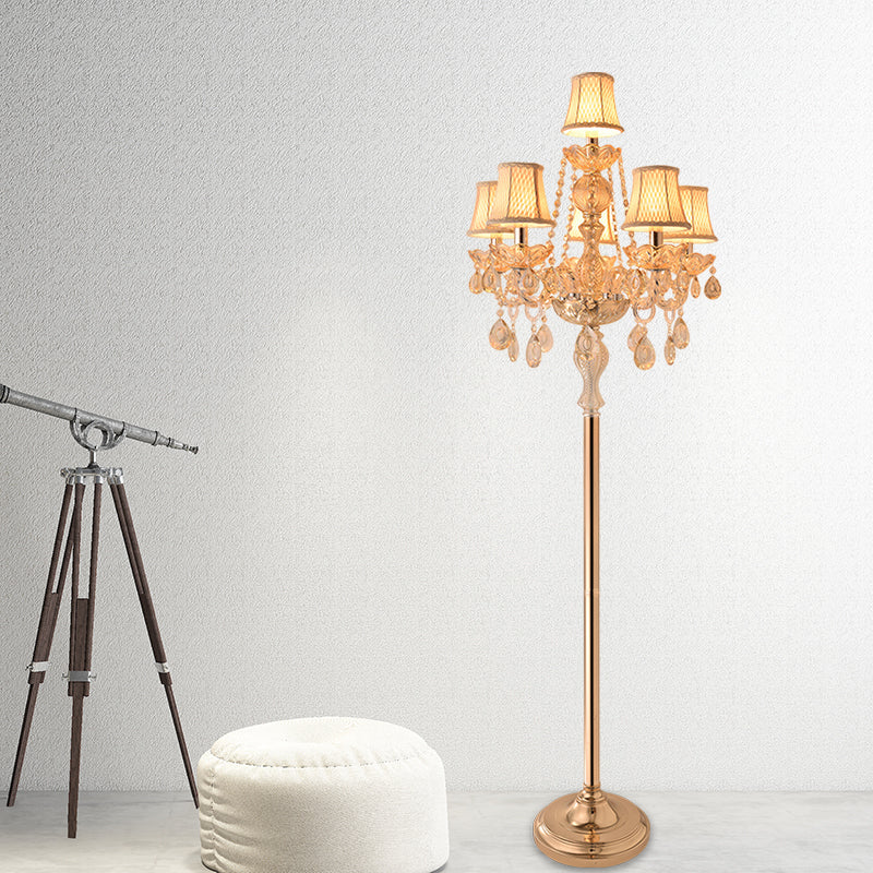 Candlestick Parlor Floor Reading Lamp Traditional Clear Crystal 5/6 Bulbs Gold Standing Light with White Shade Clearhalo 'Floor Lamps' 'Lamps' Lighting' 1503566