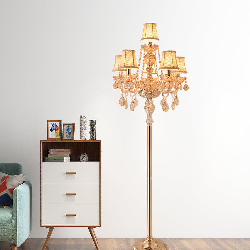 Candlestick Parlor Floor Reading Lamp Traditional Clear Crystal 5/6 Bulbs Gold Standing Light with White Shade Clearhalo 'Floor Lamps' 'Lamps' Lighting' 1503567