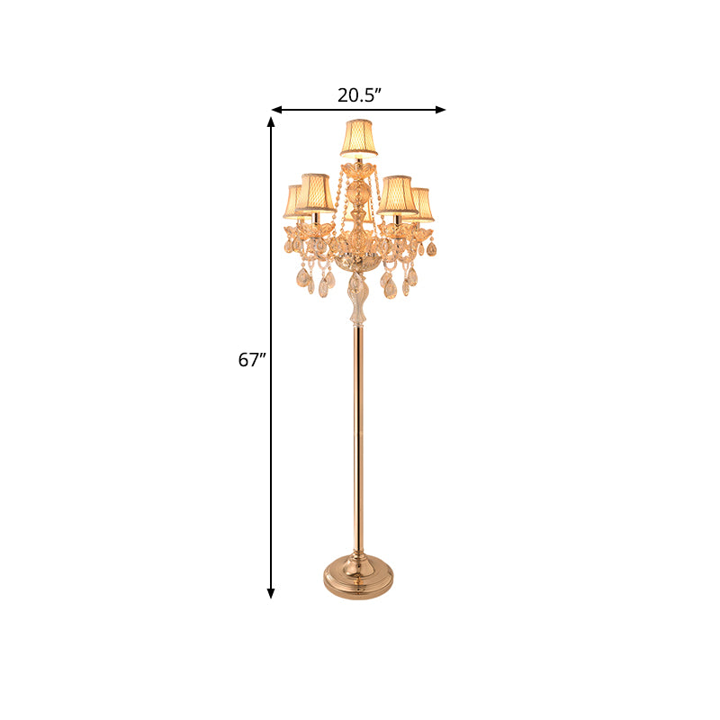 Candlestick Parlor Floor Reading Lamp Traditional Clear Crystal 5/6 Bulbs Gold Standing Light with White Shade Clearhalo 'Floor Lamps' 'Lamps' Lighting' 1503569