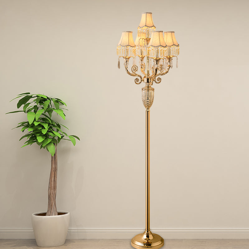 5-Head Clear Crystal Stand up Lamp Traditional Gold Candelabra Drawing Room Floor Light with Flared Shade Gold Clearhalo 'Floor Lamps' 'Lamps' Lighting' 1503570