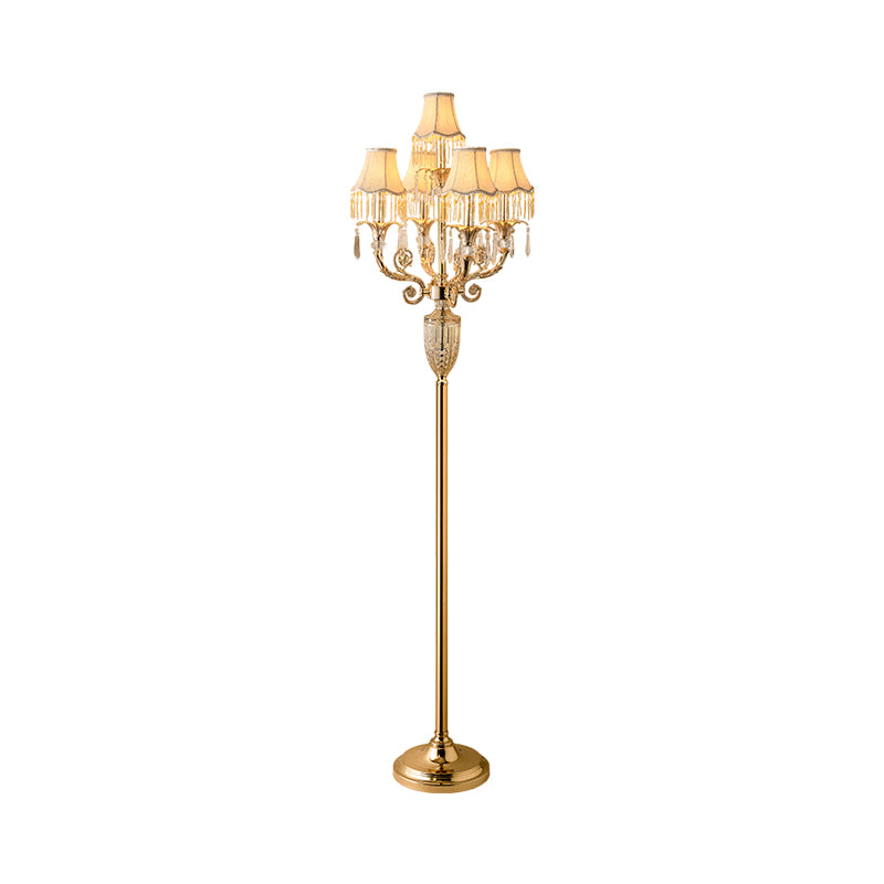 5-Head Clear Crystal Stand up Lamp Traditional Gold Candelabra Drawing Room Floor Light with Flared Shade Clearhalo 'Floor Lamps' 'Lamps' Lighting' 1503572