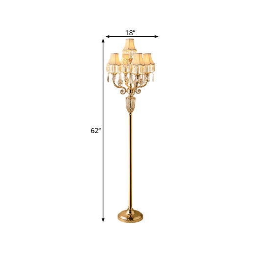 5-Head Clear Crystal Stand up Lamp Traditional Gold Candelabra Drawing Room Floor Light with Flared Shade Clearhalo 'Floor Lamps' 'Lamps' Lighting' 1503573