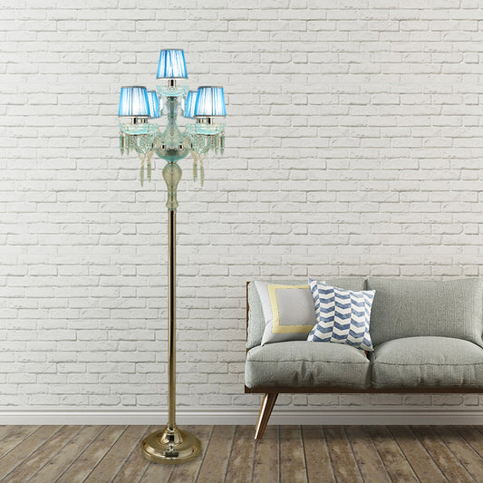 Blue 5/6/7-Bulb Standing Light Traditional Crystal Candelabra Reading Floor Lamp with Barrel Pleated Shade 5.0 Blue Clearhalo 'Floor Lamps' 'Lamps' Lighting' 1503582