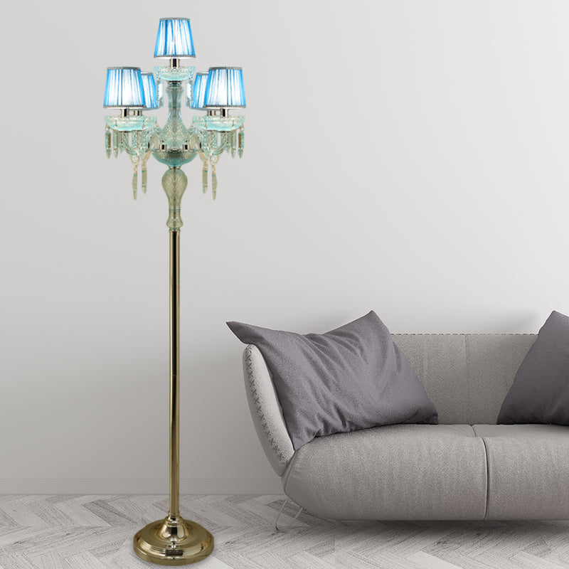 Blue 5/6/7-Bulb Standing Light Traditional Crystal Candelabra Reading Floor Lamp with Barrel Pleated Shade Clearhalo 'Floor Lamps' 'Lamps' Lighting' 1503583
