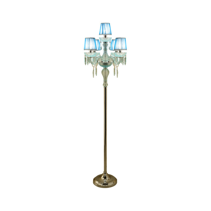 Blue 5/6/7-Bulb Standing Light Traditional Crystal Candelabra Reading Floor Lamp with Barrel Pleated Shade Clearhalo 'Floor Lamps' 'Lamps' Lighting' 1503584