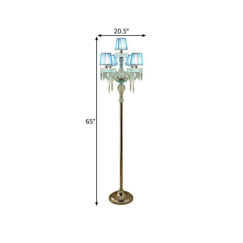 Blue 5/6/7-Bulb Standing Light Traditional Crystal Candelabra Reading Floor Lamp with Barrel Pleated Shade Clearhalo 'Floor Lamps' 'Lamps' Lighting' 1503585
