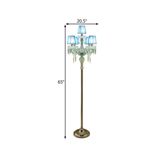 Blue 5/6/7-Bulb Standing Light Traditional Crystal Candelabra Reading Floor Lamp with Barrel Pleated Shade Clearhalo 'Floor Lamps' 'Lamps' Lighting' 1503585