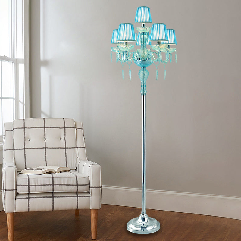 Blue 5/6/7-Bulb Standing Light Traditional Crystal Candelabra Reading Floor Lamp with Barrel Pleated Shade 6.0 Blue Clearhalo 'Floor Lamps' 'Lamps' Lighting' 1503586